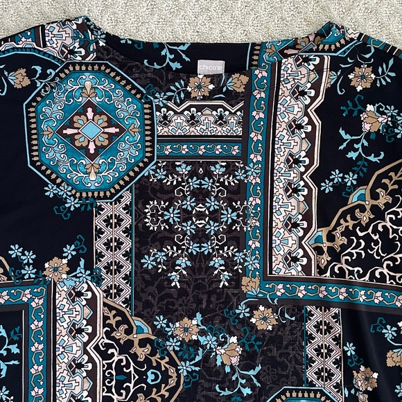 Chico's Medallion Floral Flutter Sleeve Top/Blouse Black/Teal XXL/Chico's Size 4 - Picture 2 of 11